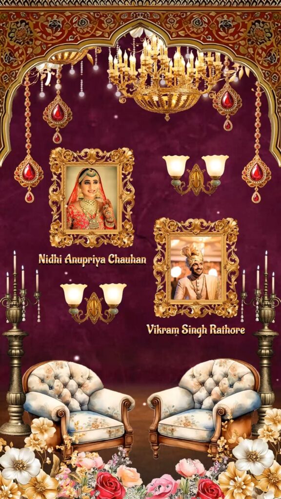 Royal Maharaja Theme Wedding Invitation video with Maroon Luxury Backdrop and Cocktail Party, Dinner Party, Bhaat, Ring Ceremony, Sangeet, Tel Baan