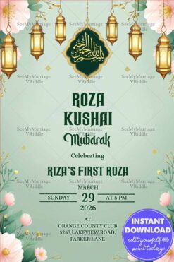 Roza Khushai Mubarak Invitation with Green Theme, Golden Lanterns and Pink Flowers