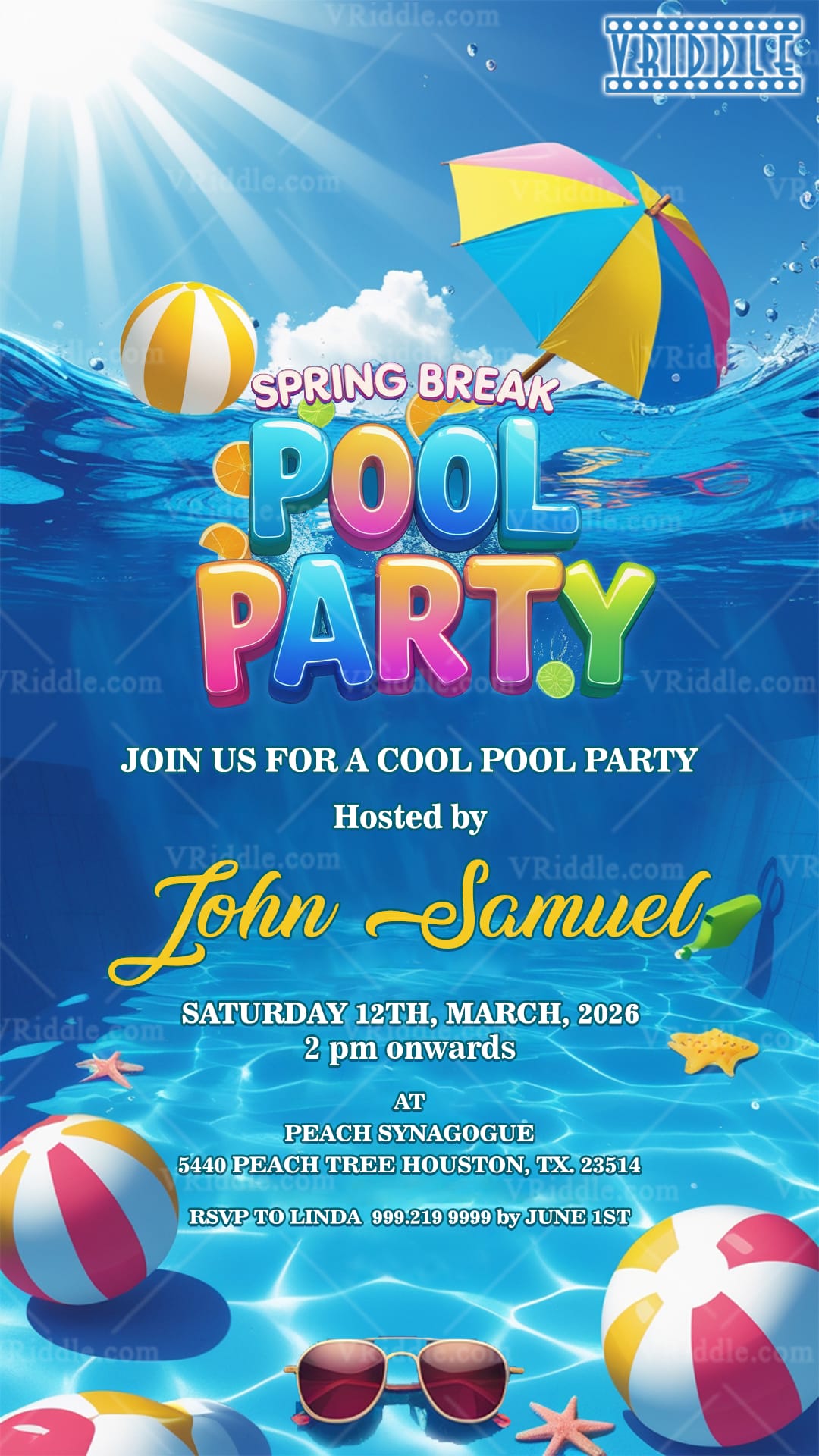Shimmering Water Spring Break Pool Party Invitation with Balls