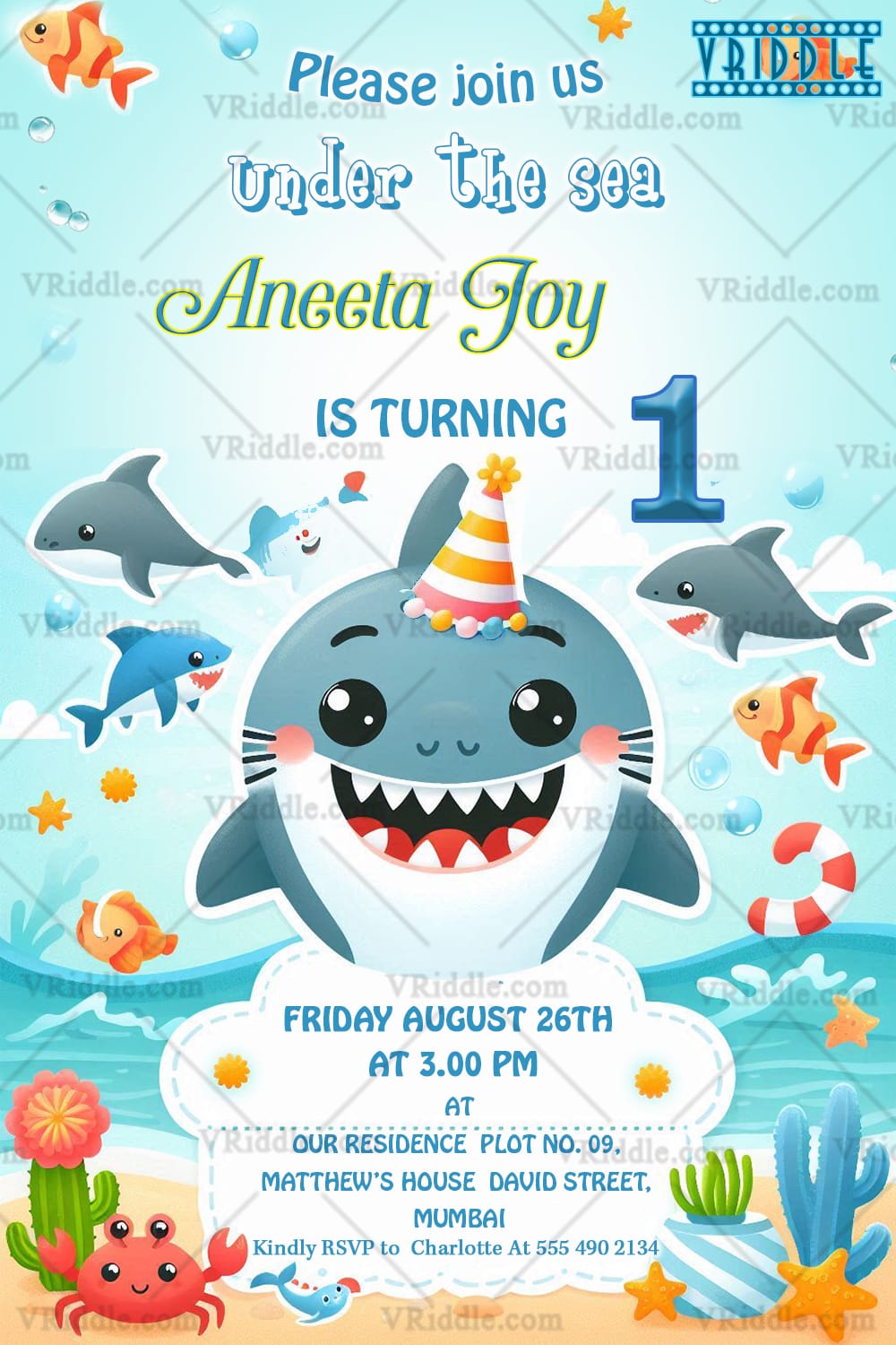 Smiling Shark and Blue Background Birthday Invitation Card with Under The Sea Theme