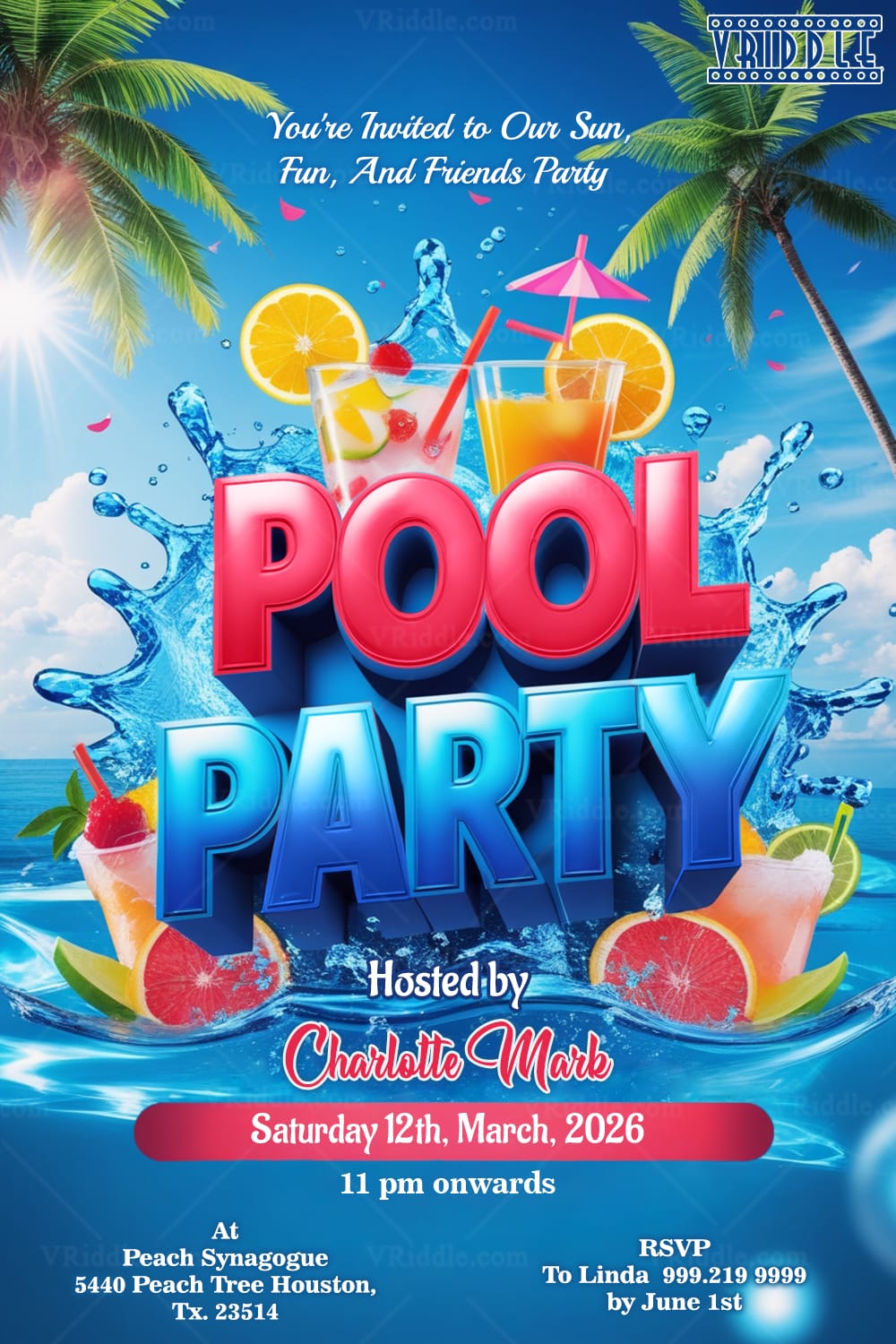 Sparkling Water Pool Party Invitation with Blue Sky, Drinks and Palm Trees
