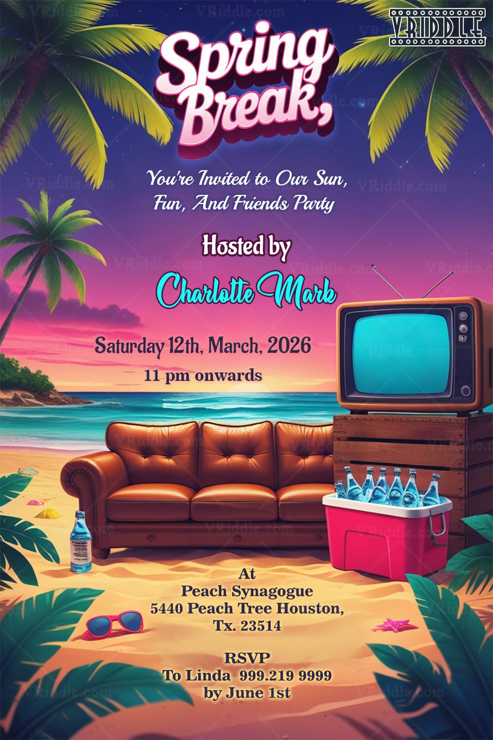 Spring Break Party Invitation with Brown Leather Couch, TV, Drinks and Palm Trees