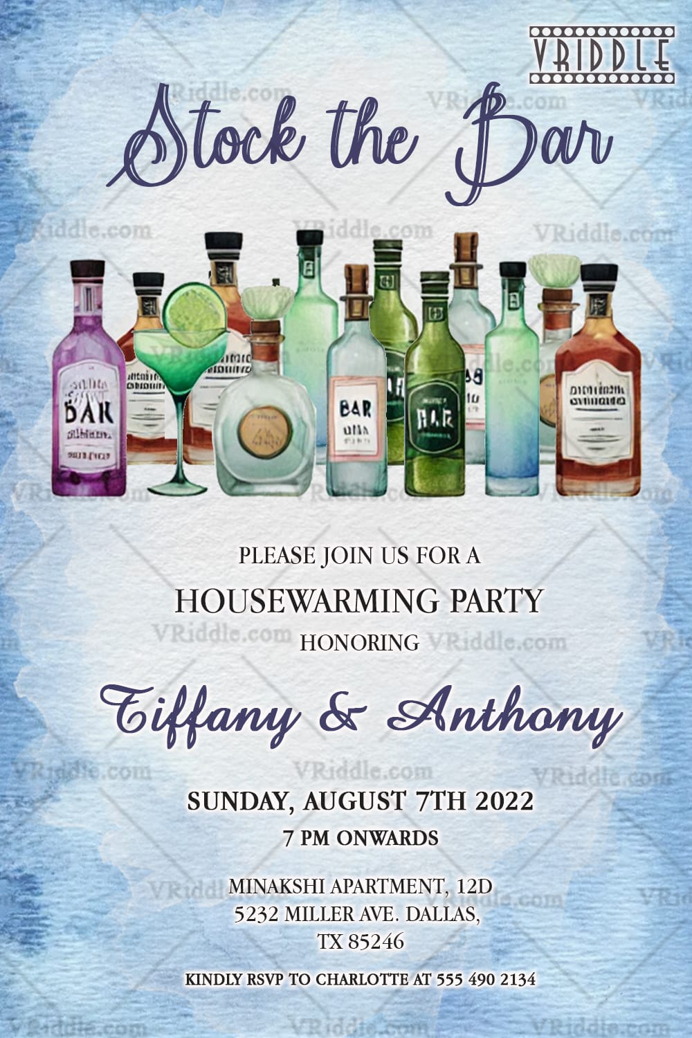 Stock The Bar Housewarming Party Invitation and Cocktail Party with Blue Theme