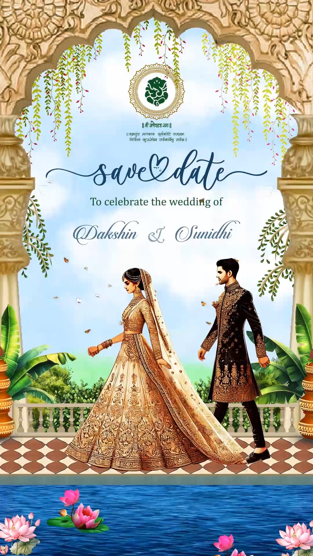 Stunning Save the Date Wedding Invitation Video with Walking Bride & Groom Design and Peacock in Royal Palace