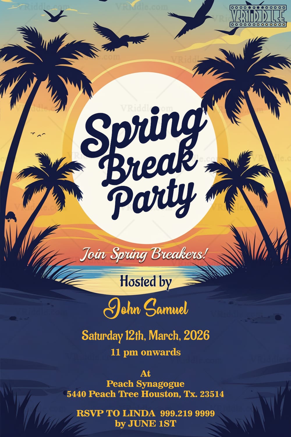 Sunset Over The Ocean Spring Break Party Invitation with Tall Palm Trees and Birds