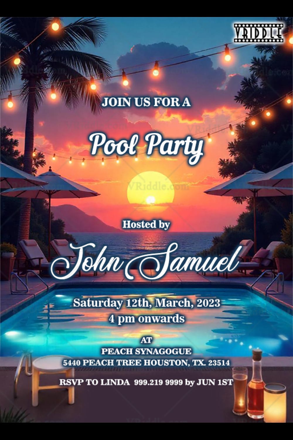Sunset & Resort Theme Pool Party Invitation with Beachside Theme