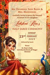 Swinging on Young Girl and Red-Gold Half Saree Invitation Video with Peacock and Red Leaves