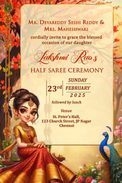 Swinging on Young Girl and Red-Gold Half Saree Invitation Video with Peacock and Red Leaves