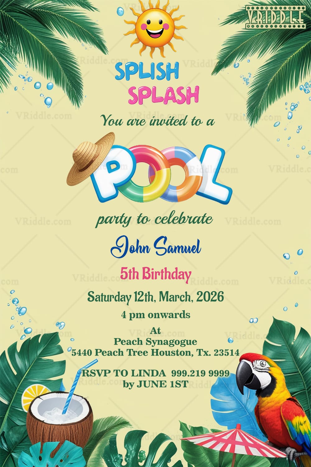 Tropical Splash Pool Party and Birthday Invitation with Parrot Perched and Drinks, Umbrella