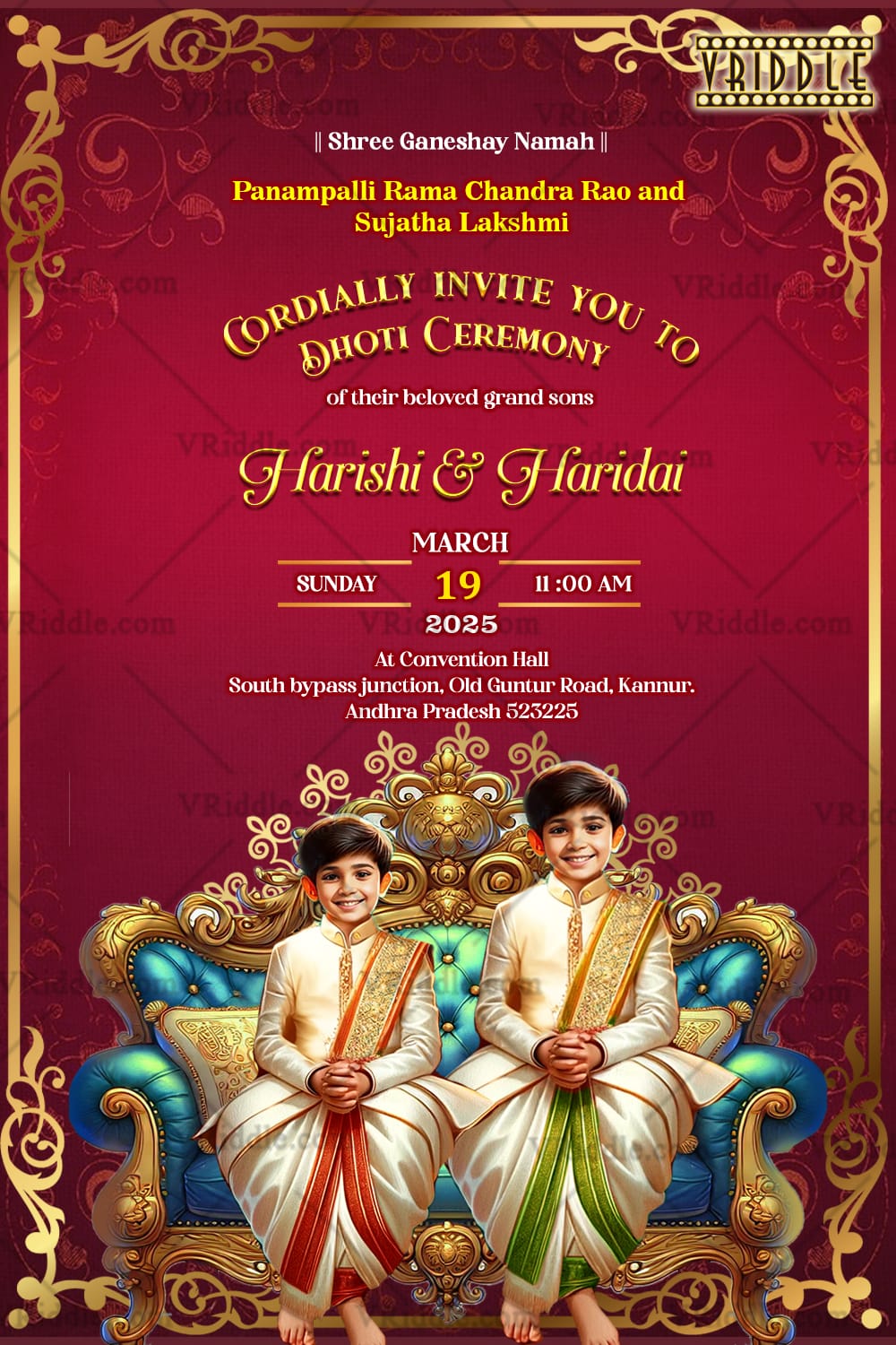 Twin Brothers Dhoti Ceremony Invitation with Red Theme and Festive Vibe