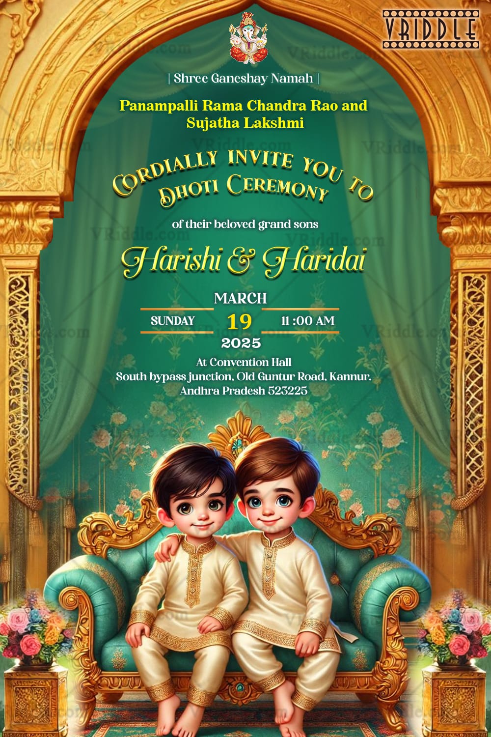 Twins Brothers in Ethnic Attire Dhoti Ceremony Invitation with Ornate Gold and Green Theme