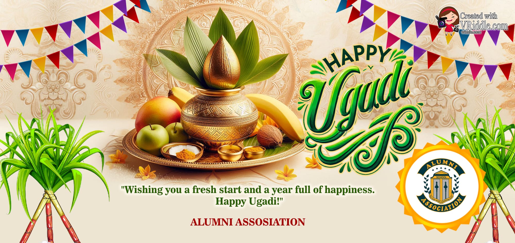 Ugadi Celebration Banner with Golden Kalash and Puja Items