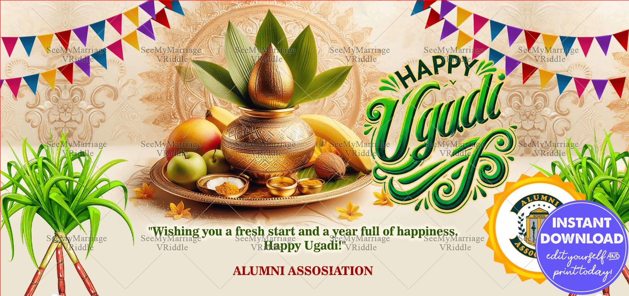 Ugadi Celebration Banner with Golden Kalash and Puja Items