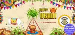 Ugadi Festival Banner with Pot and Sugarcane