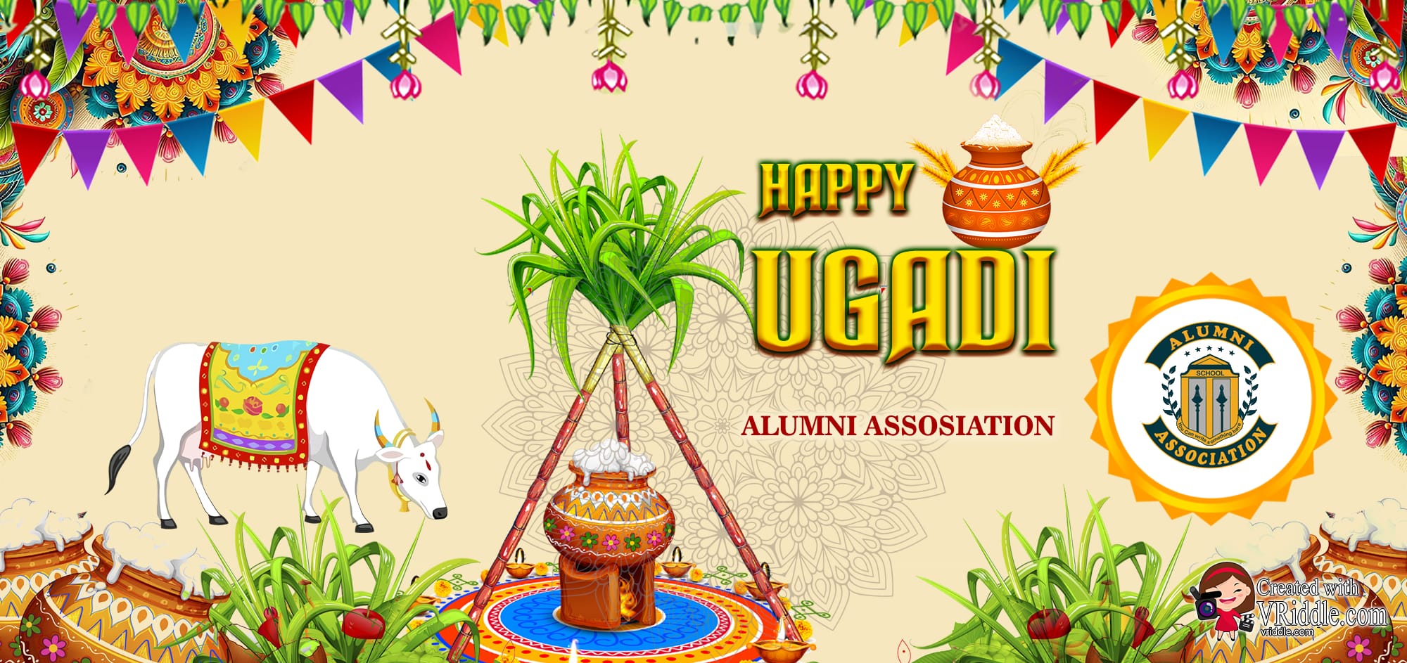 Ugadi Festival Banner with Pot and Sugarcane