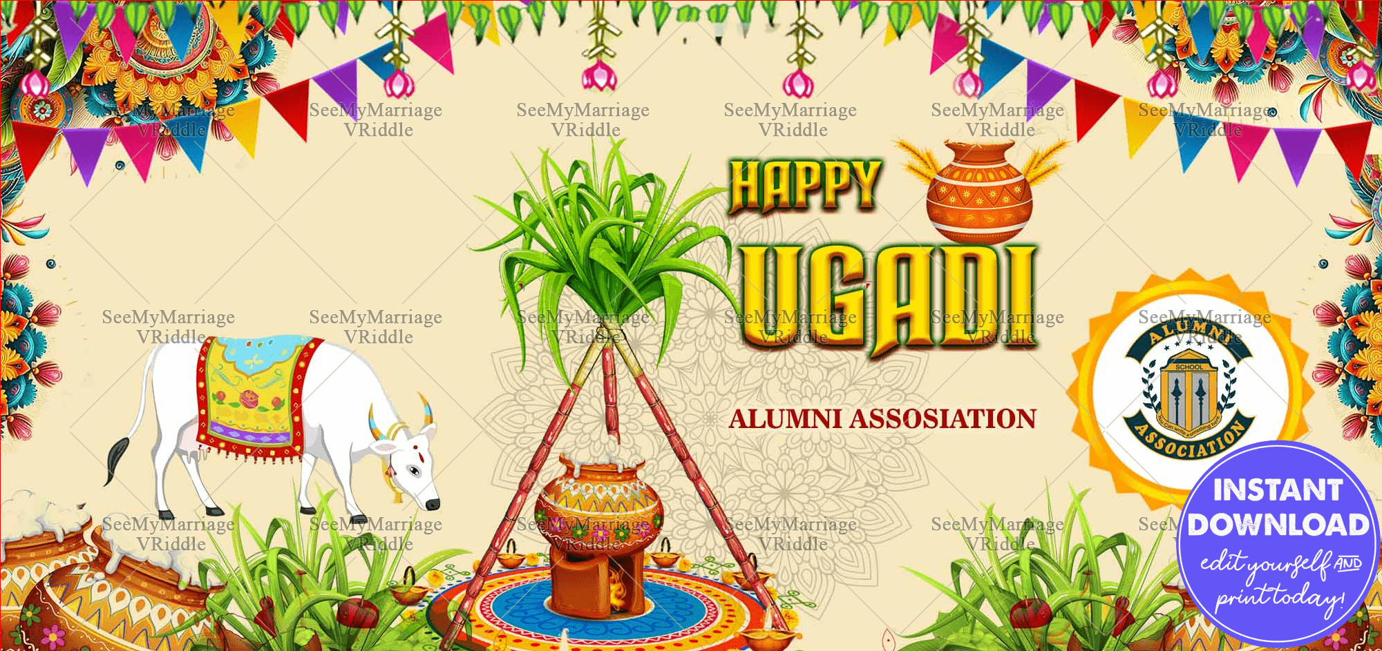 Ugadi Festival Banner with Pot and Sugarcane