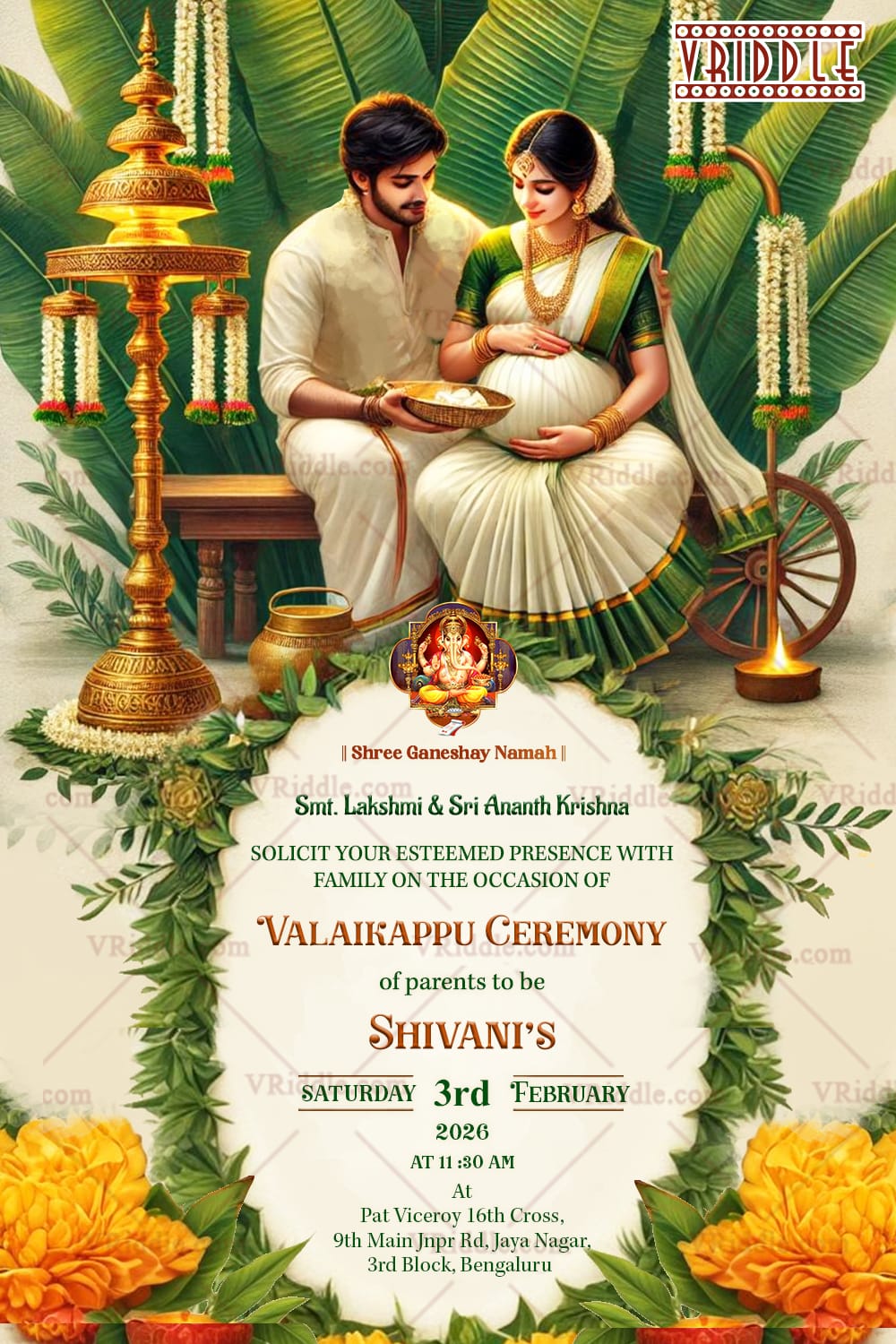 Valaikappu Ceremony Invitation with a Couple Dressed in Gold and Green Traditional Attire and Banana Leaf Theme