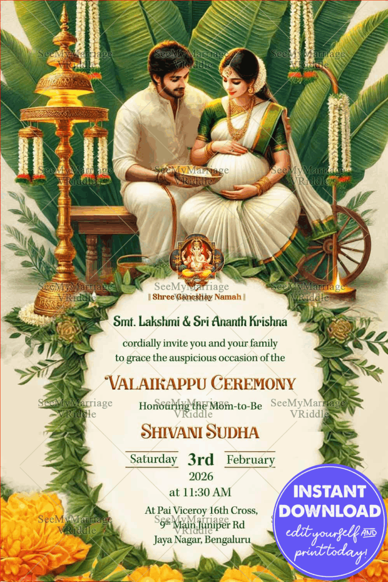Valaikappu Ceremony Invitation with a Couple Dressed in Gold and Green Traditional Attire and Banana Leaf Theme