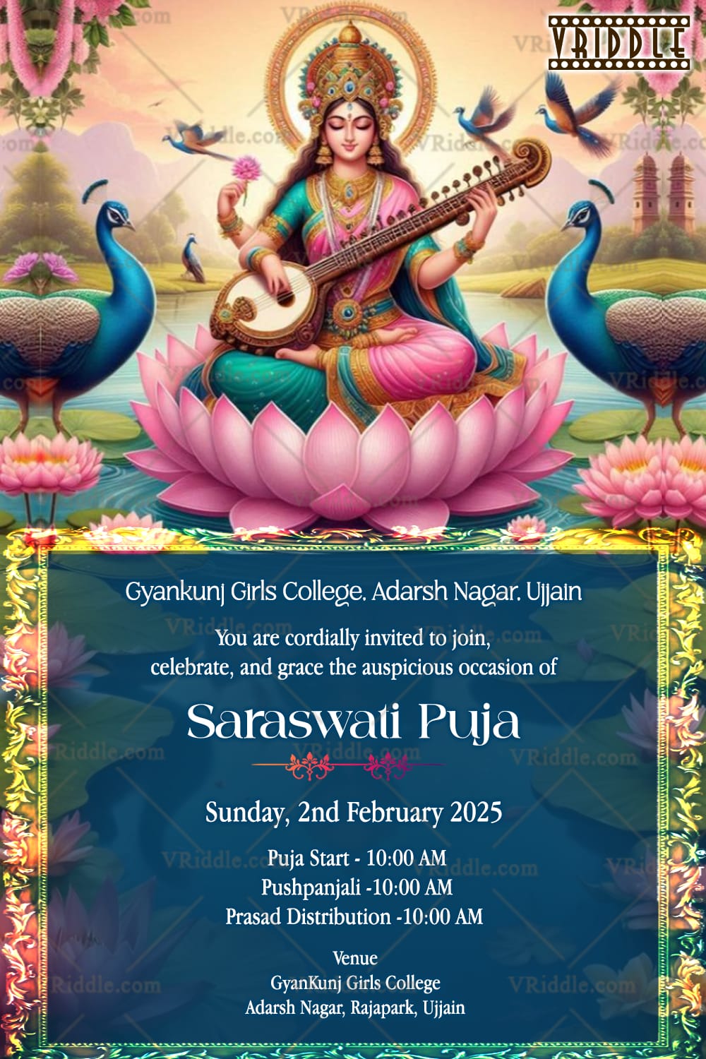 Vasant Panchami Ceremony Invitation with Lotus Flowers, Veena and Peacocks