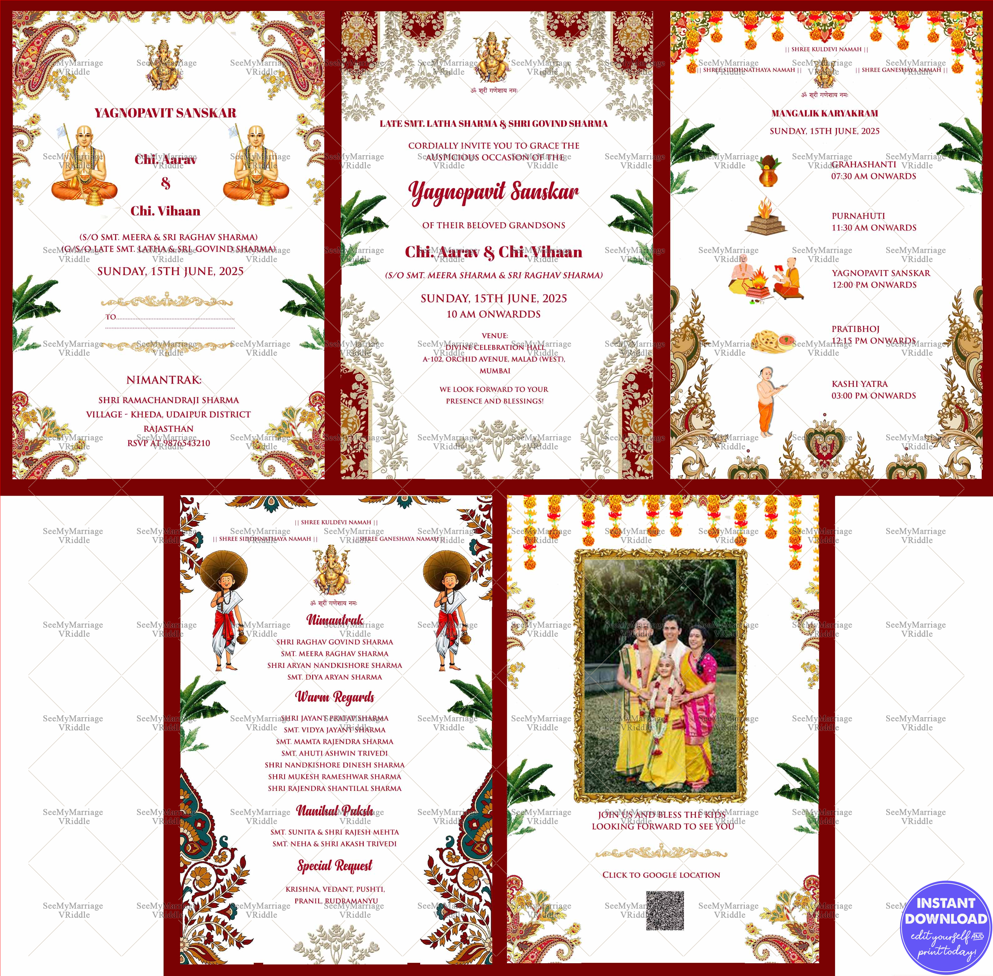 White Theme Sacred Thread Ceremony Cards Set with Add Family Photo and Multiple Puja Events, Leaves, Floral Decorations