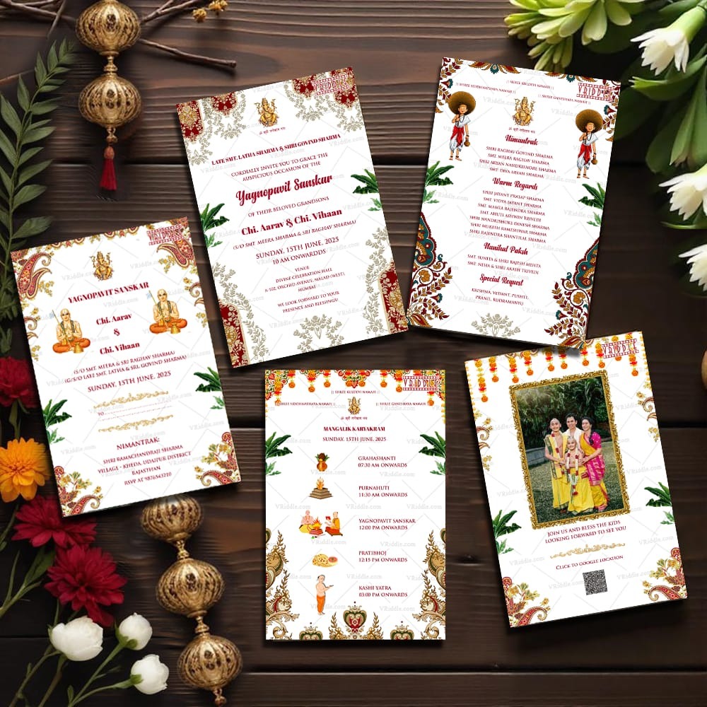 White Theme Sacred Thread Ceremony Cards Set with Add Family Photo and Multiple Puja Events, Leaves, Floral Decorations