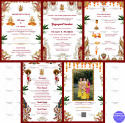 White Theme Sacred Thread Ceremony Cards Set with Add Family Photo and Multiple Puja Events, Leaves, Floral Decorations