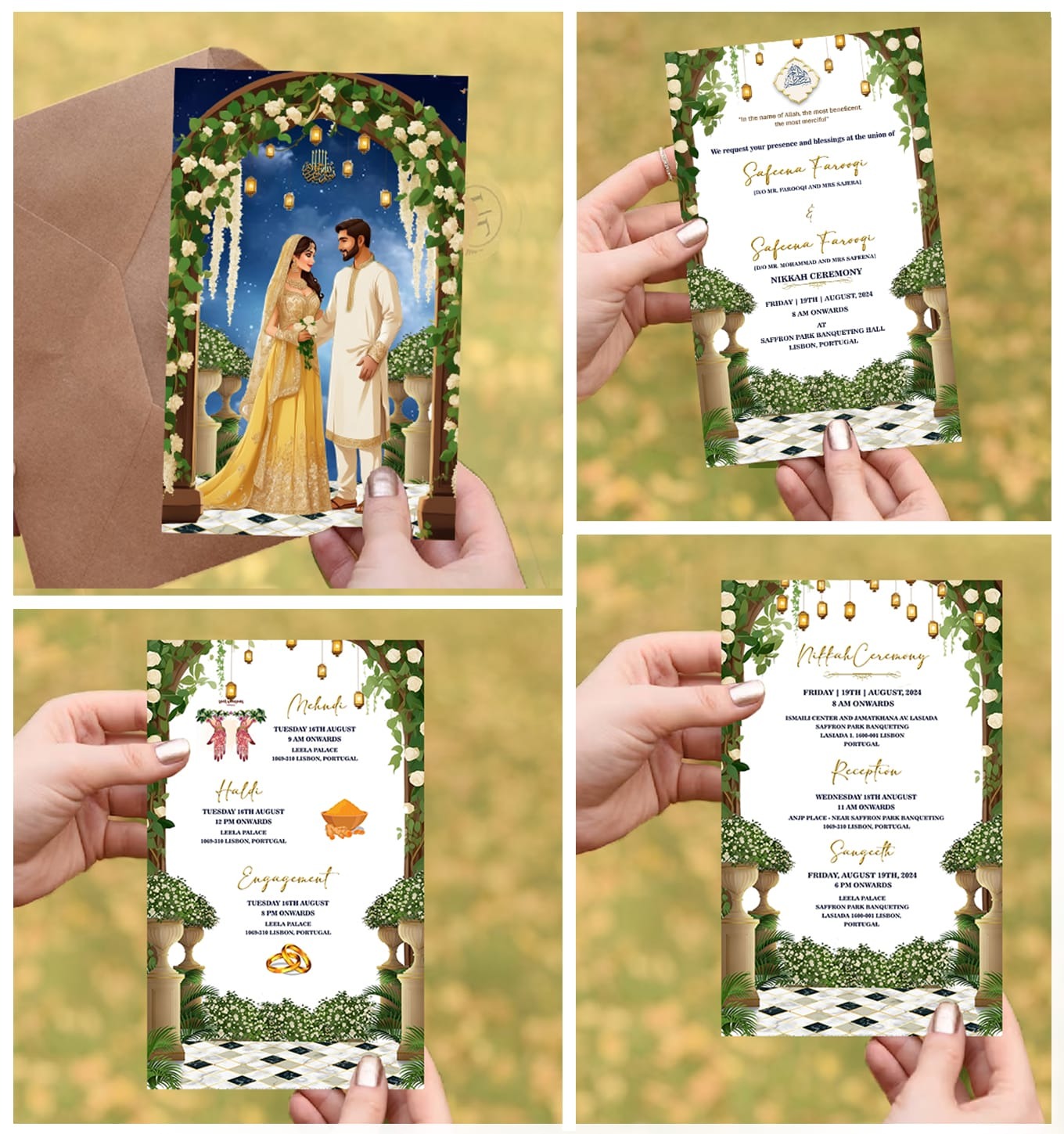 White and Greenery Theme Islamic Wedding Invitation Set with Floral Accents and Illustration of a Bride & Groom