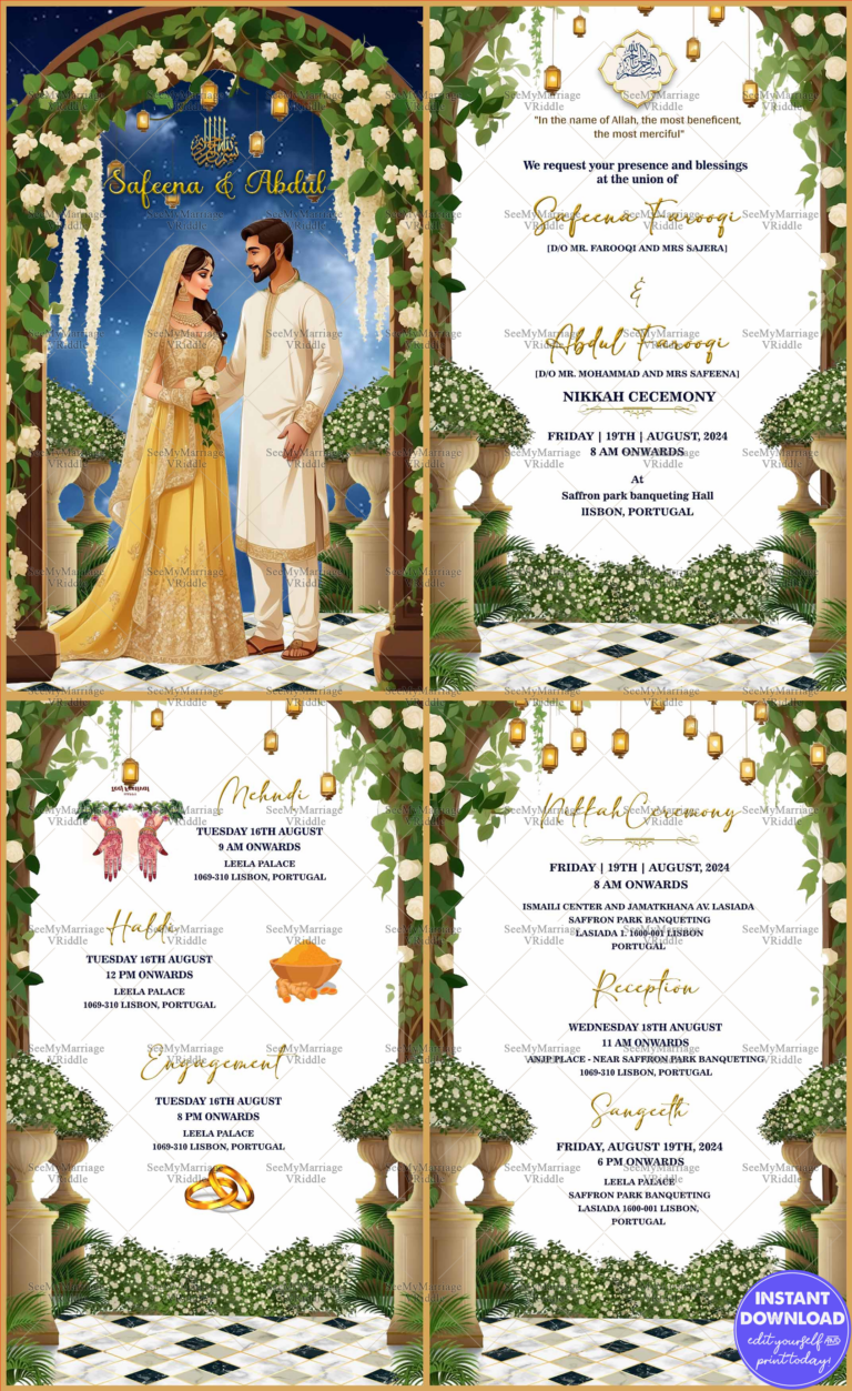 White and Greenery Theme Islamic Wedding Invitation Set with Floral Accents and Illustration of a Bride & Groom