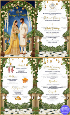 White and Greenery Theme Islamic Wedding Invitation Set with Floral Accents and Illustration of a Bride & Groom