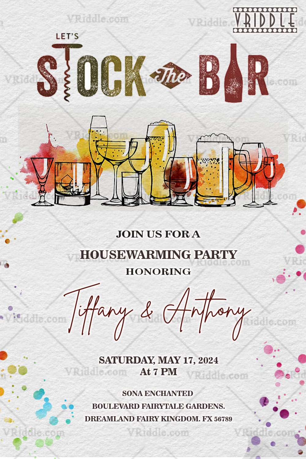 Wine Glasses Theme Housewarming Party Invitation and Cocktail Party with Elegant Textured Design