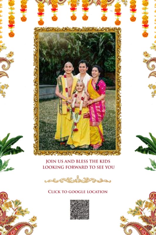 White Theme Sacred Thread Ceremony Cards Set with Add Family Photo and Multiple Puja Events, Leaves, Floral Decorations