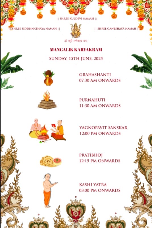 White Theme Sacred Thread Ceremony Cards Set with Add Family Photo and Multiple Puja Events, Leaves, Floral Decorations