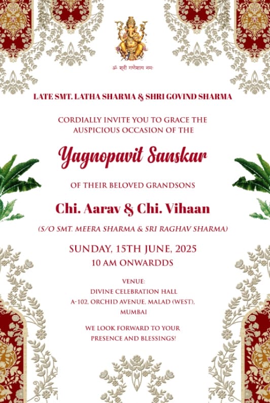 White Theme Sacred Thread Ceremony Cards Set with Add Family Photo and Multiple Puja Events, Leaves, Floral Decorations