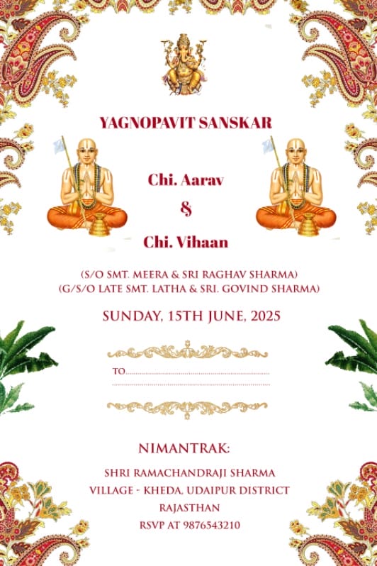 White Theme Sacred Thread Ceremony Cards Set with Add Family Photo and Multiple Puja Events, Leaves, Floral Decorations