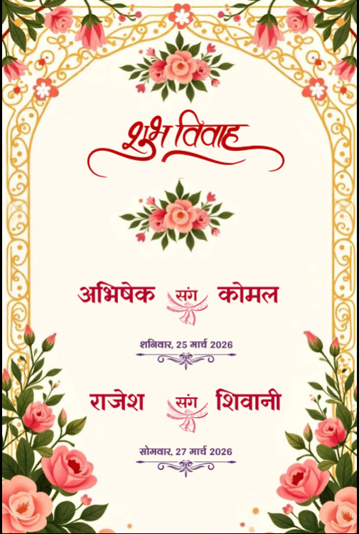 Cream Colored Themed & Peacock Hindi Wedding Invitations Set with Bride & Groom Art