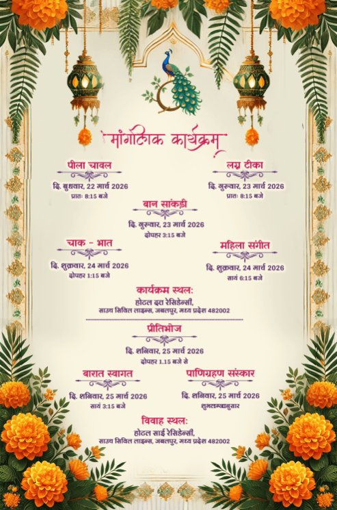Cream Colored Themed & Peacock Hindi Wedding Invitations Set with Bride & Groom Art