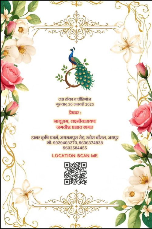 Cream Colored Themed & Peacock Hindi Wedding Invitations Set with Bride & Groom Art