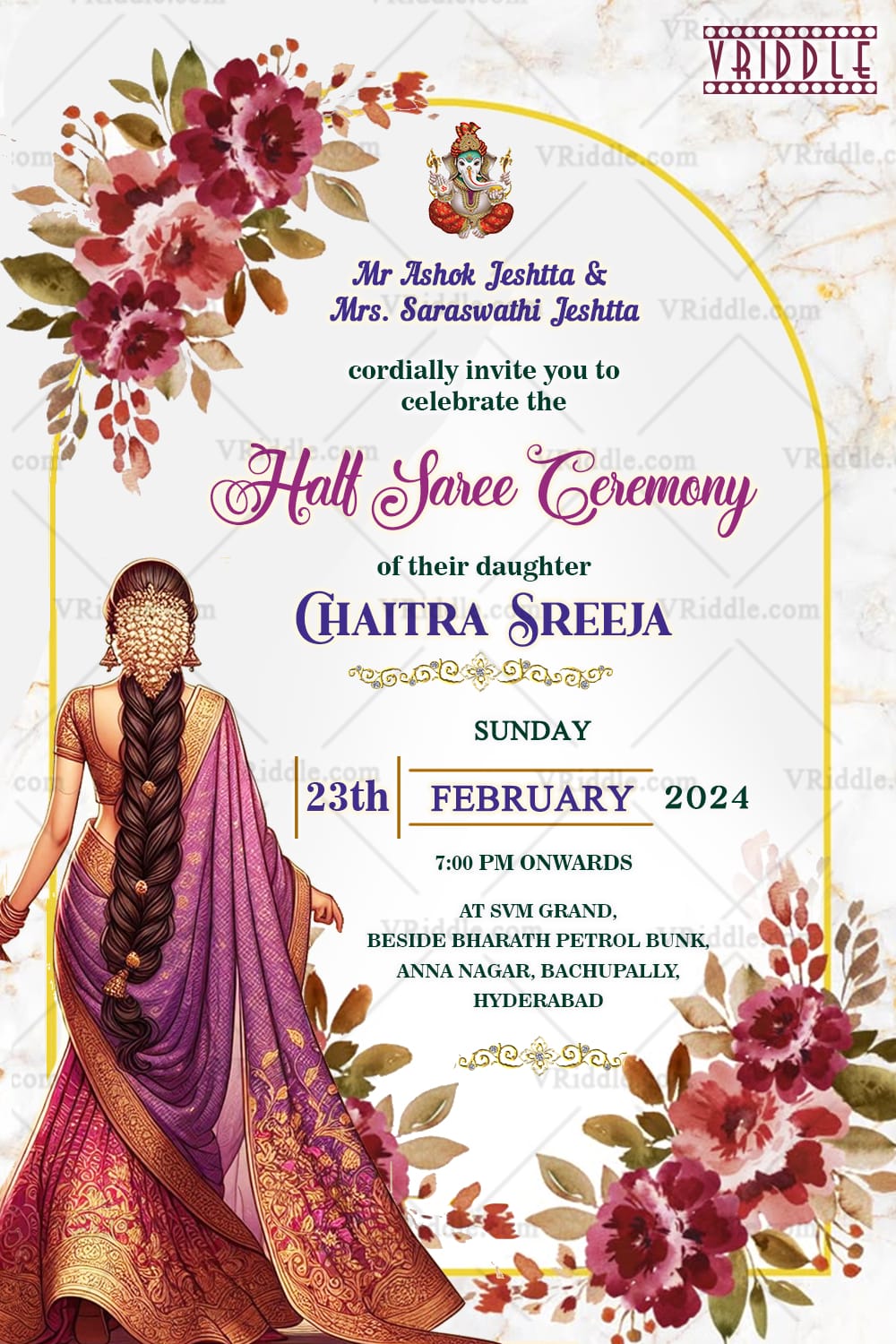 Purple and Gold Half Saree Ceremony with Traditional Girlhood and Flowers