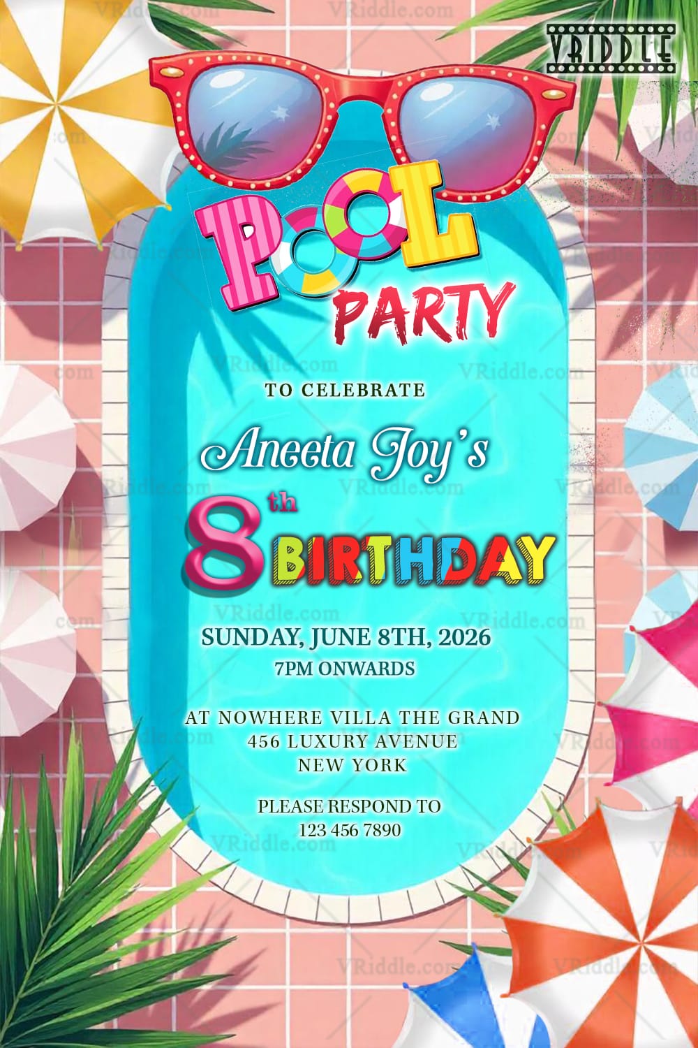 swimming pool and Sunglasses Pool Party Invitation with Umbrellas and Palm Leaves