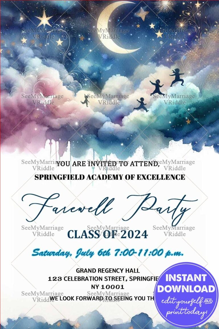 Dreamy Farewell Party Invitation Card with Clouds, Moon and Twinkling Stars