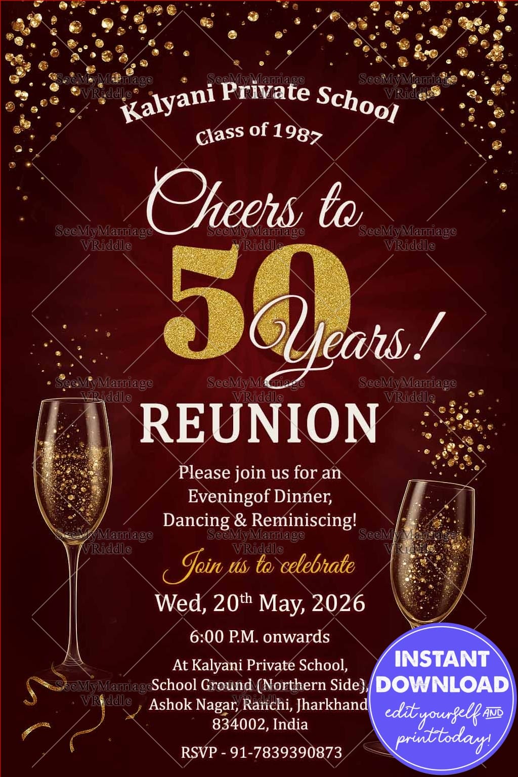 Maroon Theme Reunion Party Invitation with Celebrating The 50-Year Anniversary and Champagne Glasses
