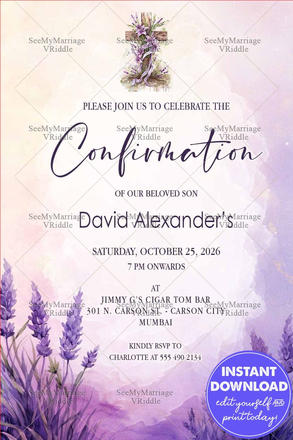 Lavender Theme Confirmation Invitation Card with Purple Lilies