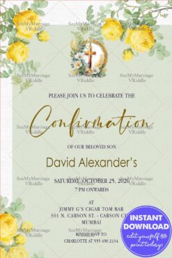 Golden Cross Confirmation Invitation with Elegant Yellow Floral Design