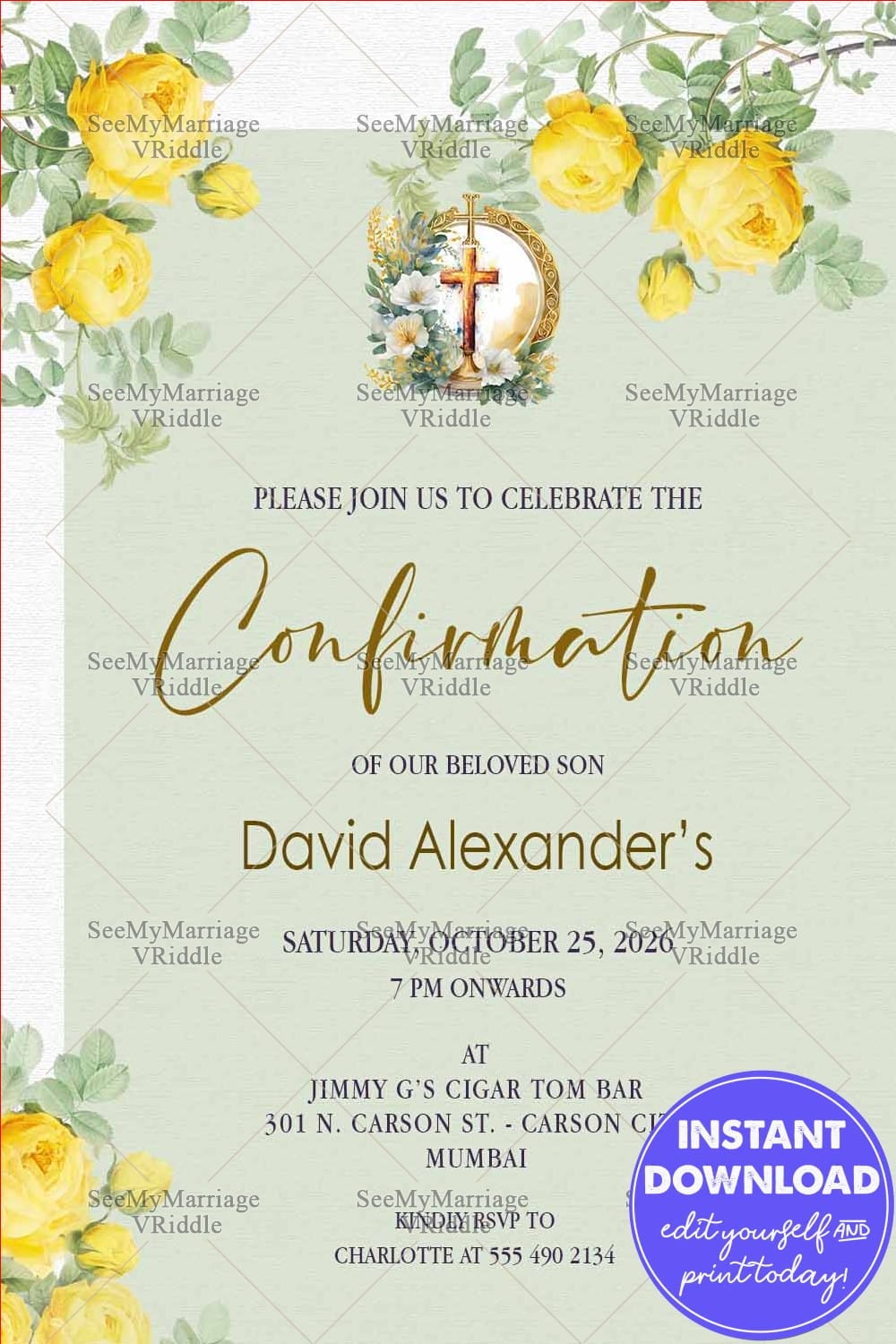 Golden Cross Confirmation Invitation with Elegant Yellow Floral Design