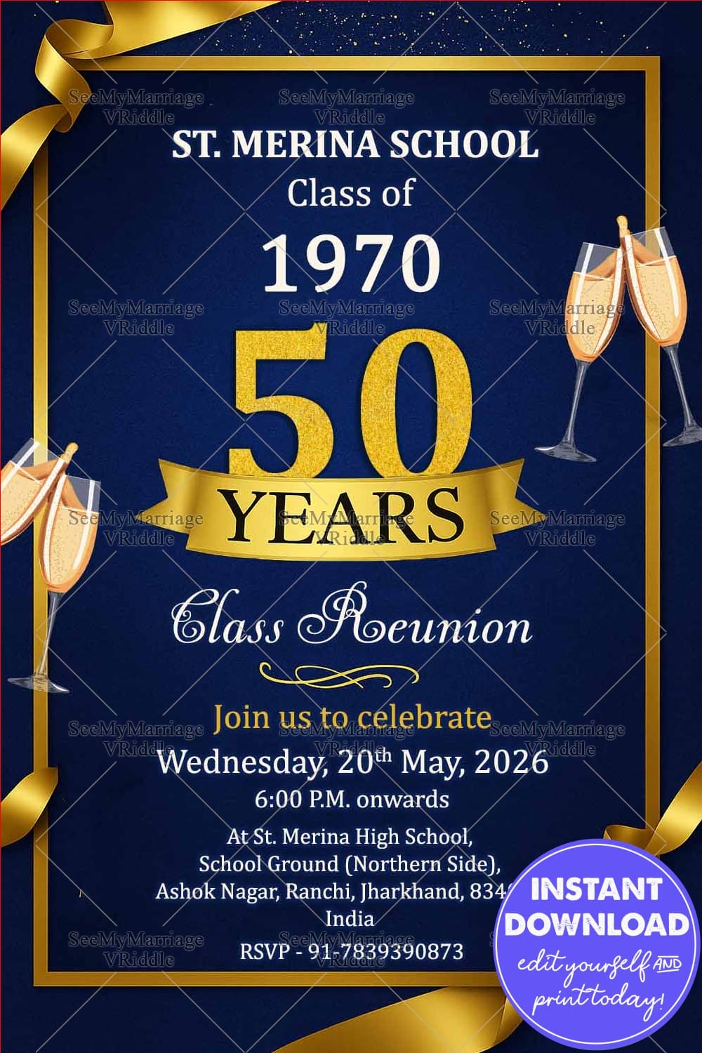 Golden Jubilee Reunion Invitation Card and Royal Blue Theme