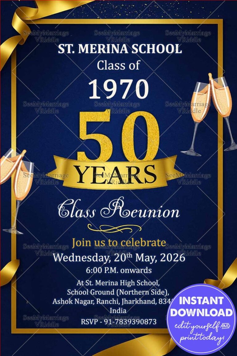 Golden Jubilee Reunion Invitation Card and Royal Blue Theme