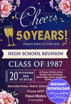 High School Reunion Party Invitation with Celebrating The 50-Year Anniversary of the Class