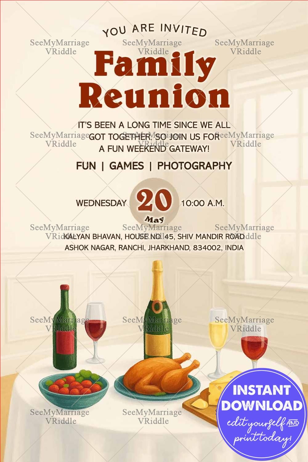 Cream-Themed Family Reunion Invitation Card with Dining Table, Food, and Wine Bottles
