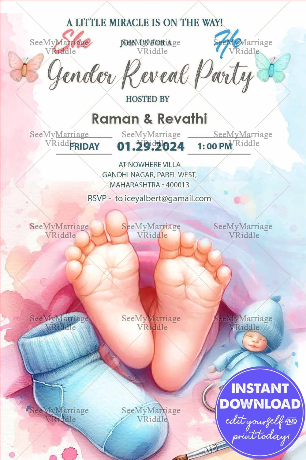 Baby Feet Gender Reveal Invitation Card with Adorable Pastel Theme