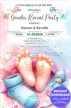 Baby Feet Gender Reveal Invitation Card with Adorable Pastel Theme